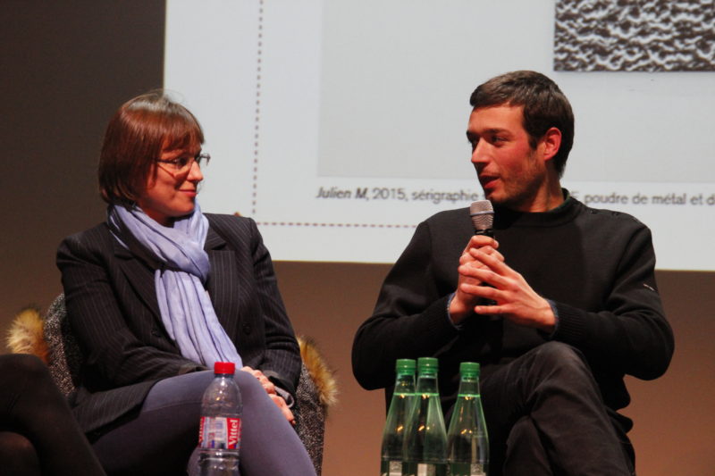 Nathalie Darras, directrice de l'entreprise Tartaix, et l'artiste Julien Monnerie - Résidence 2018  (© Pierre Gelin-Monastier)